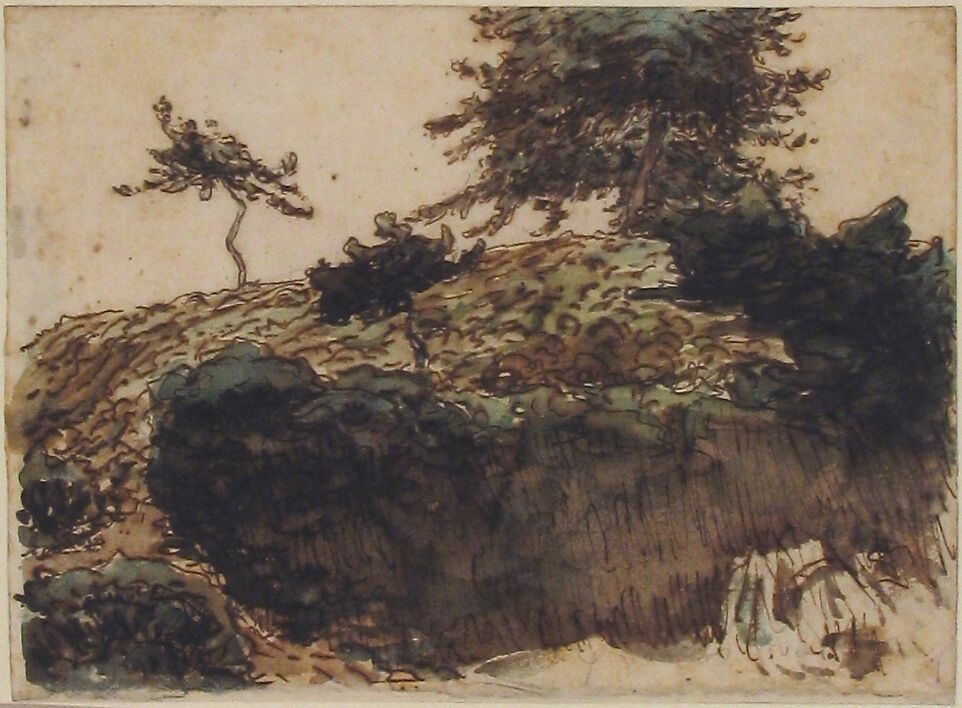 Landscape, Vichy, Jean-François Millet (French, Gruchy 1814–1875 Barbizon), Pen and brown (iron gall) ink, brush and brown and green wash, over graphite