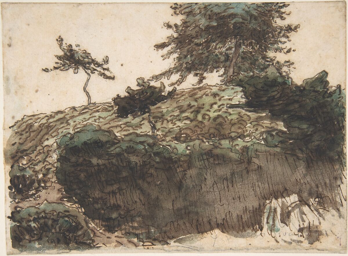 Landscape, Vichy, Jean-François Millet (French, Gruchy 1814–1875 Barbizon), Pen and brown (iron gall) ink with brown and green washes over graphite on laid paper 