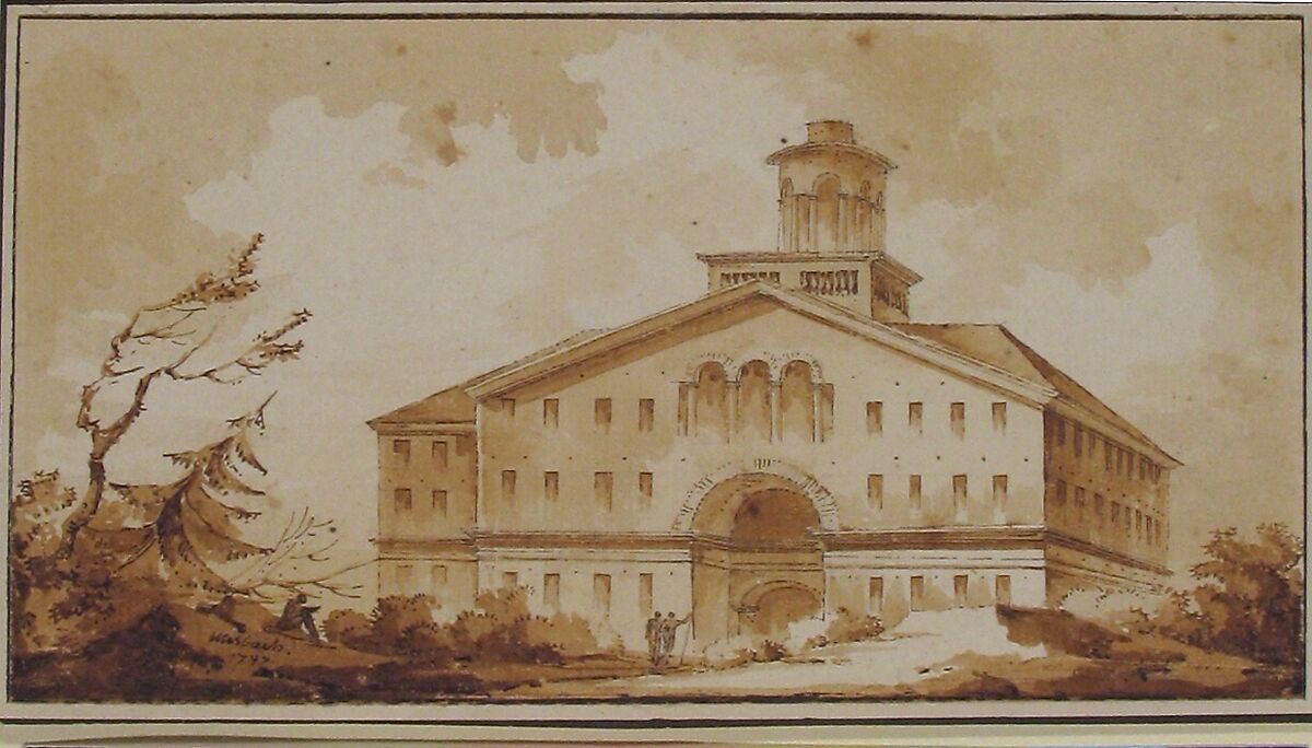 A Building, Misbach (French, active ca. 1800), Pen and brown ink, brush and brown wash
