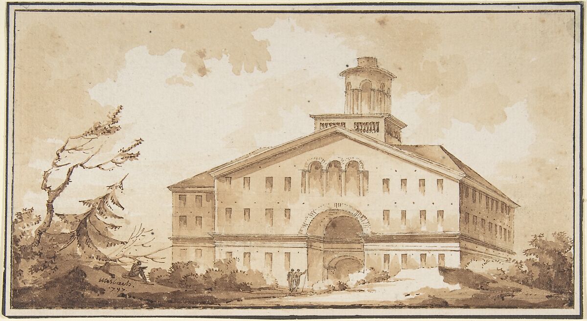 A Building, Misbach (French, active ca. 1800), Pen and brown ink, brush and brown wash 