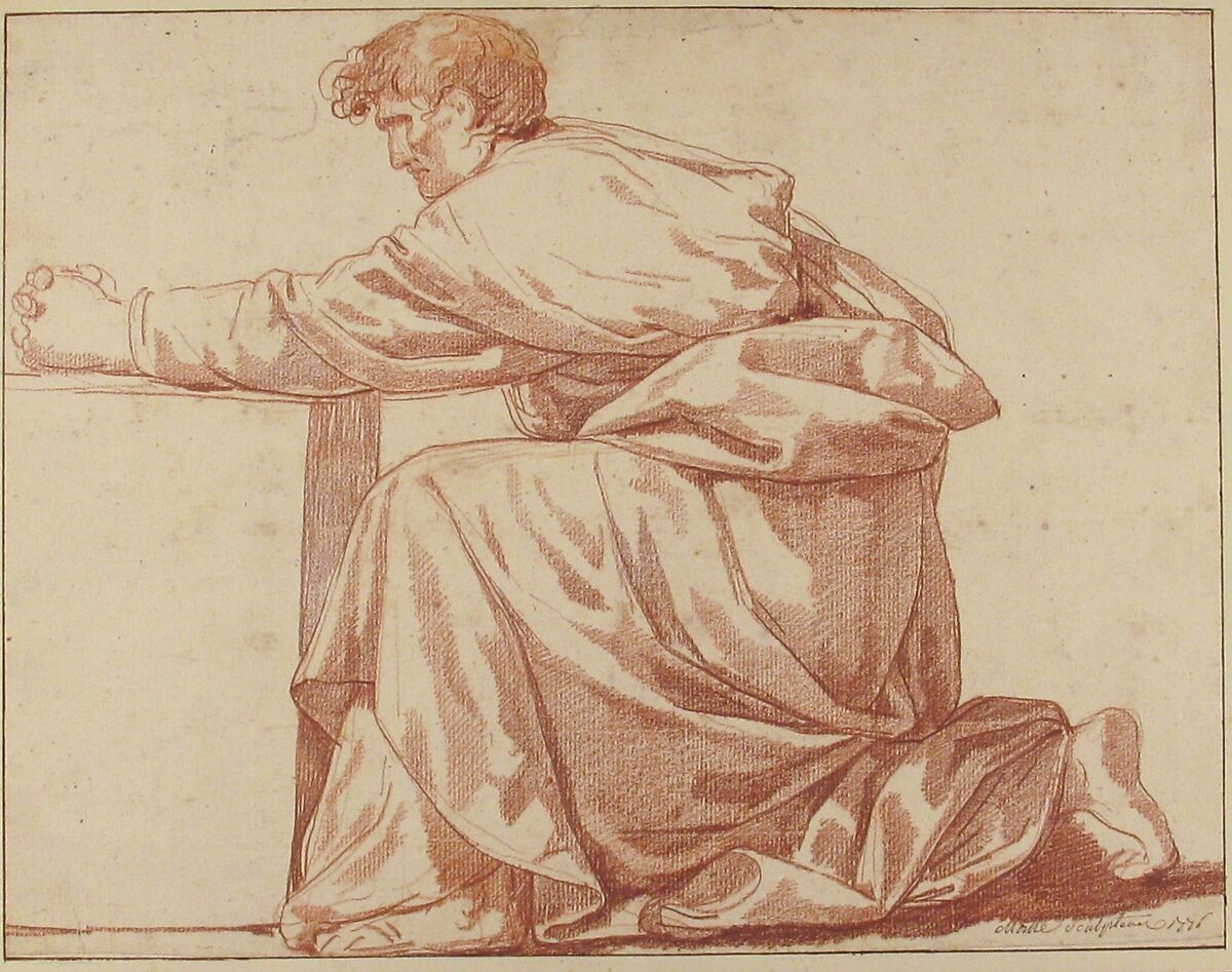 Kneeling Draped Male Figure, Jean Guillaume Moitte (French, Paris 1746–1810 Paris), Red chalk; framing lines in pen and brown ink