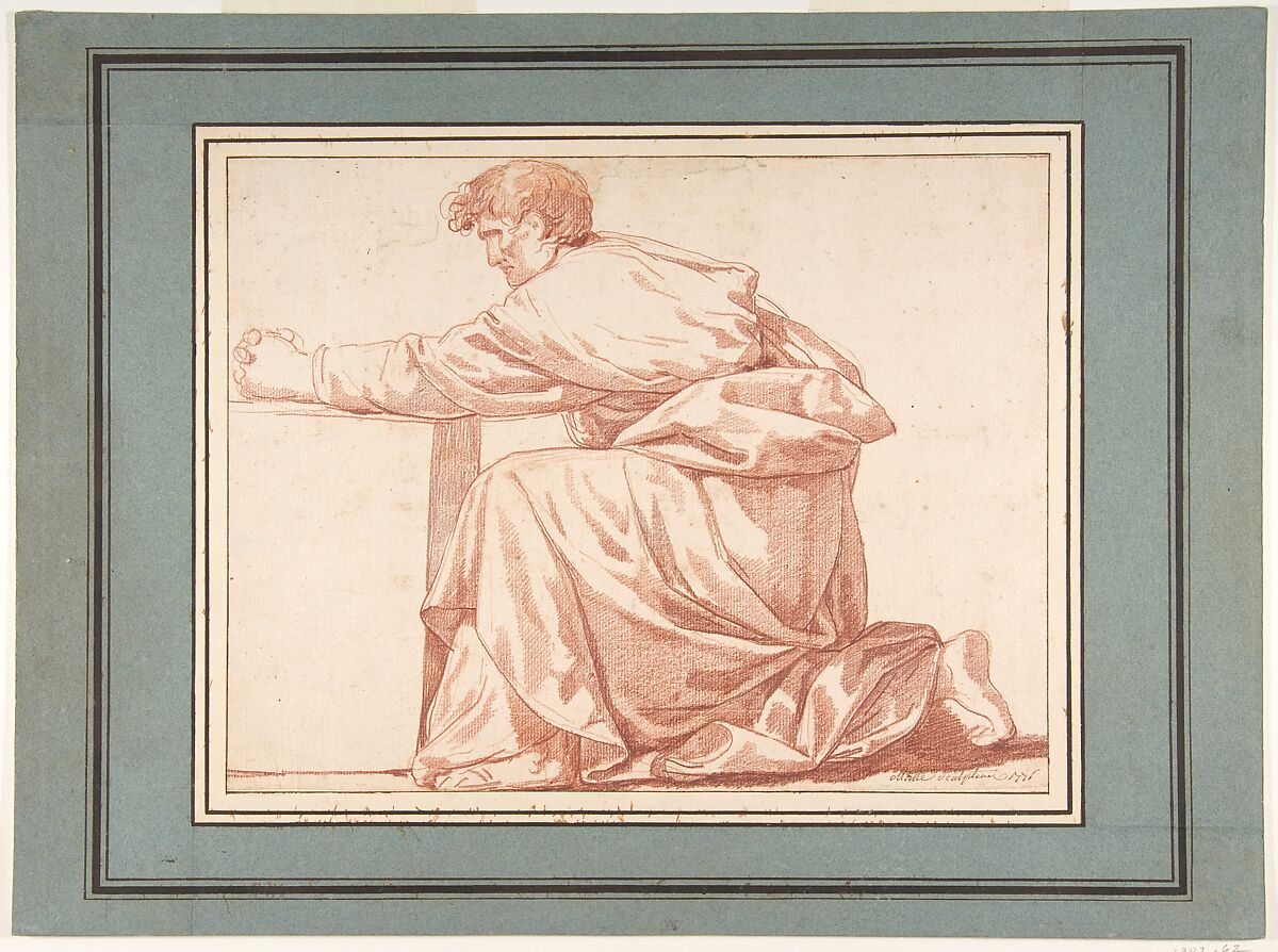 Kneeling Draped Male Figure, Jean Guillaume Moitte  French, Red chalk; framing lines in pen and brown ink
