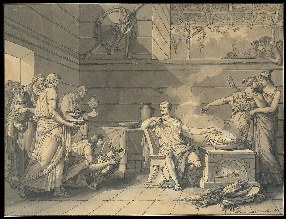 Manius Curius Dentatus Refusing the Presents of the Samnite Ambassadors, Jean Guillaume Moitte (French, Paris 1746–1810 Paris), Pen and black ink, brush and gray wash 