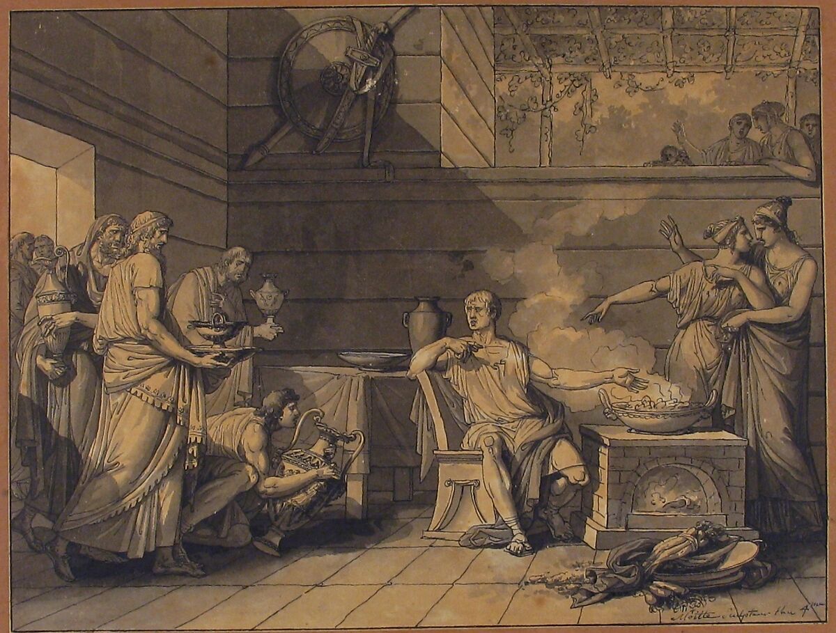 Manius Curius Dentatus Refusing the Presents of the Samnite Ambassadors, Jean Guillaume Moitte (French, Paris 1746–1810 Paris), Pen and black ink, brush and gray wash