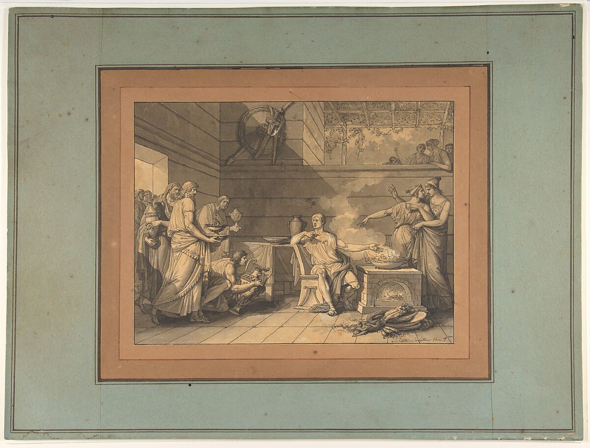 Manius Curius Dentatus Refusing the Presents of the Samnite Ambassadors, Jean Guillaume Moitte (French, Paris 1746–1810 Paris), Pen and black ink, brush and gray wash