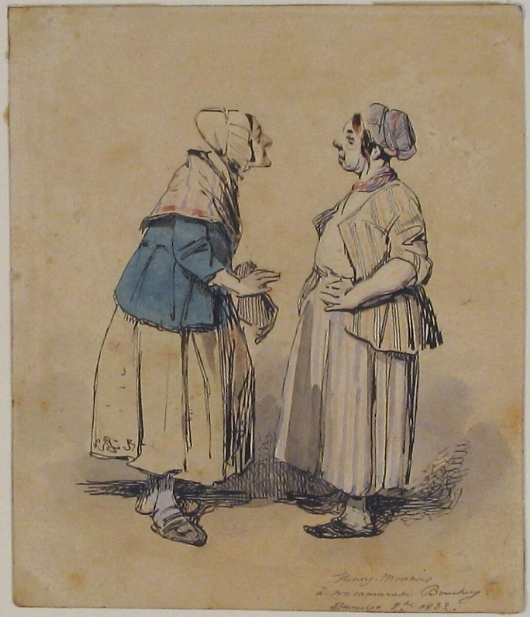 The Two Gossips (Les Deux Commères), Henry-Bonaventure Monnier (French, Paris 1799–1877 Paris), Pen and black ink, and watercolor