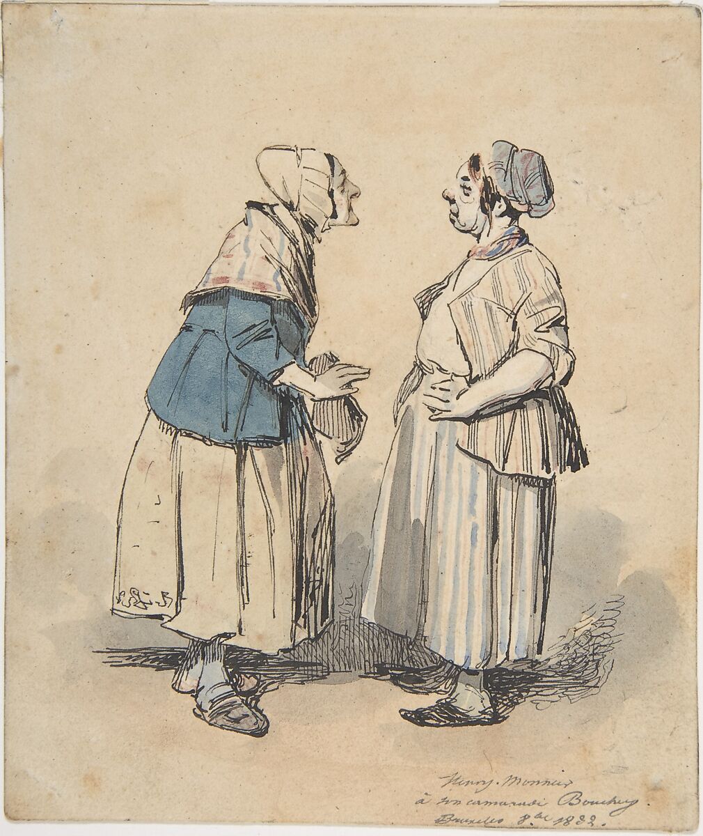 The Two Gossips (Les Deux Commères), Henry-Bonaventure Monnier (French, Paris 1799–1877 Paris), Pen and black ink, and watercolor 