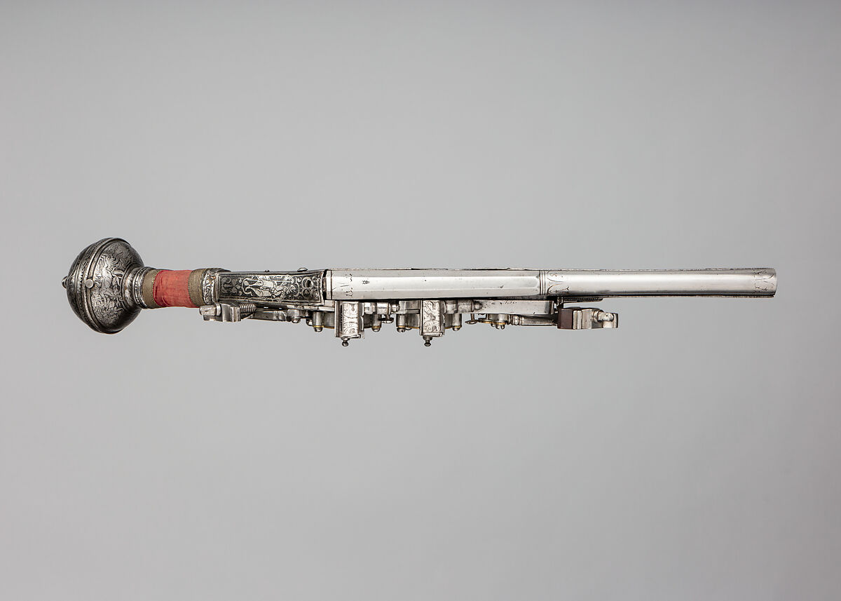 Wheellock Double Barrel, Double Lock Pistol, Iron, brass, velvet, German, Augsburg