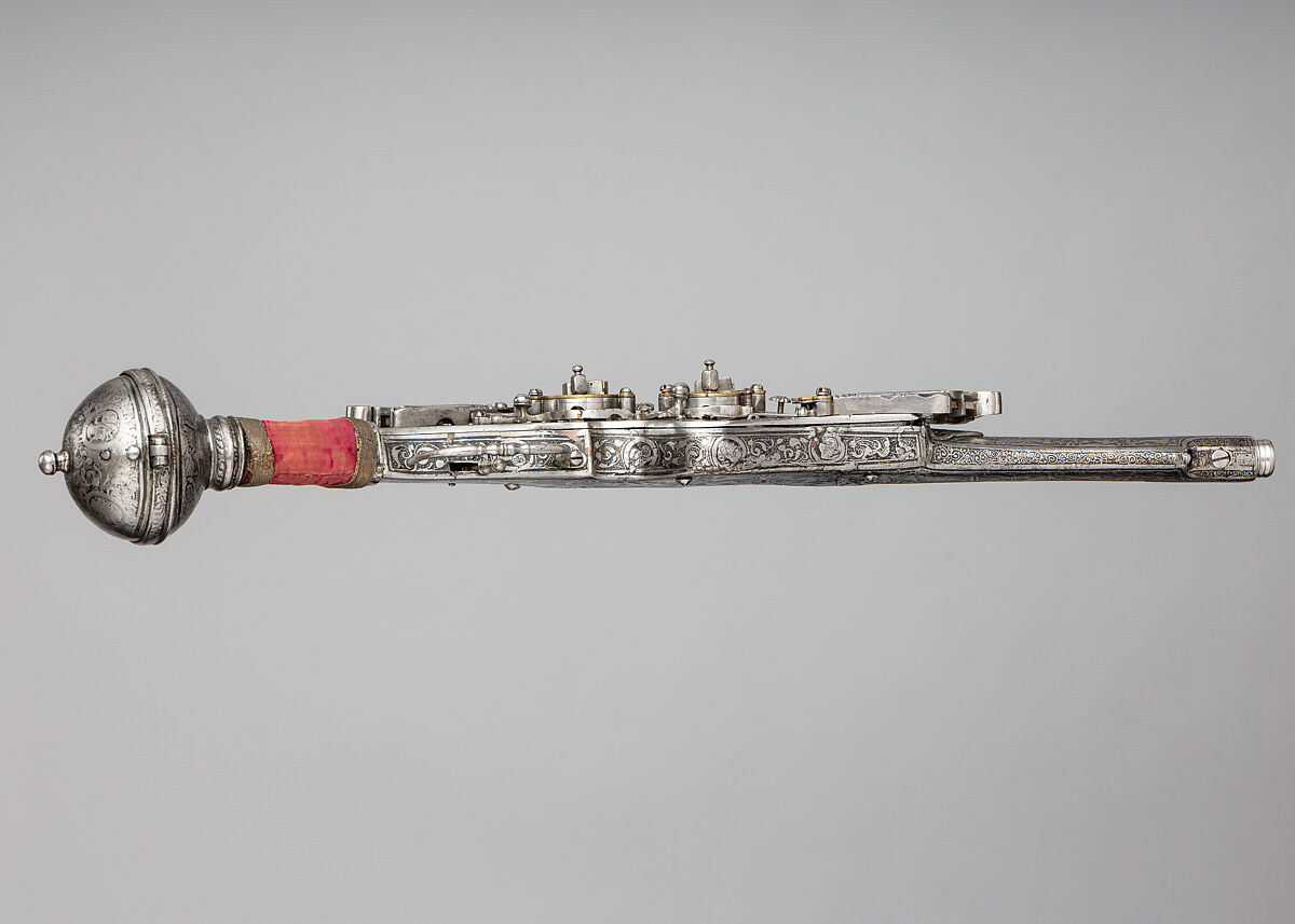 Wheellock Double Barrel, Double Lock Pistol, Iron, brass, velvet, German, Augsburg