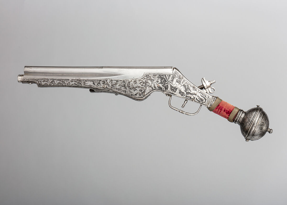 Wheellock Double Barrel, Double Lock Pistol, Iron, brass, velvet, German, Augsburg