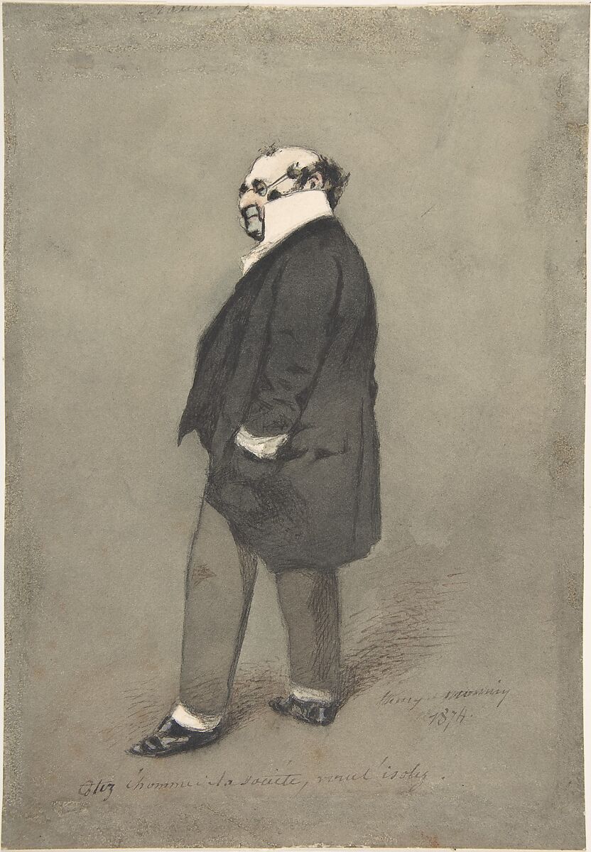 The Society Man (Monsieur Joseph Prudhomme), Henry-Bonaventure Monnier (French, Paris 1799–1877 Paris), Pen and brown and black ink with watercolor and touches of white on gray-green paper 