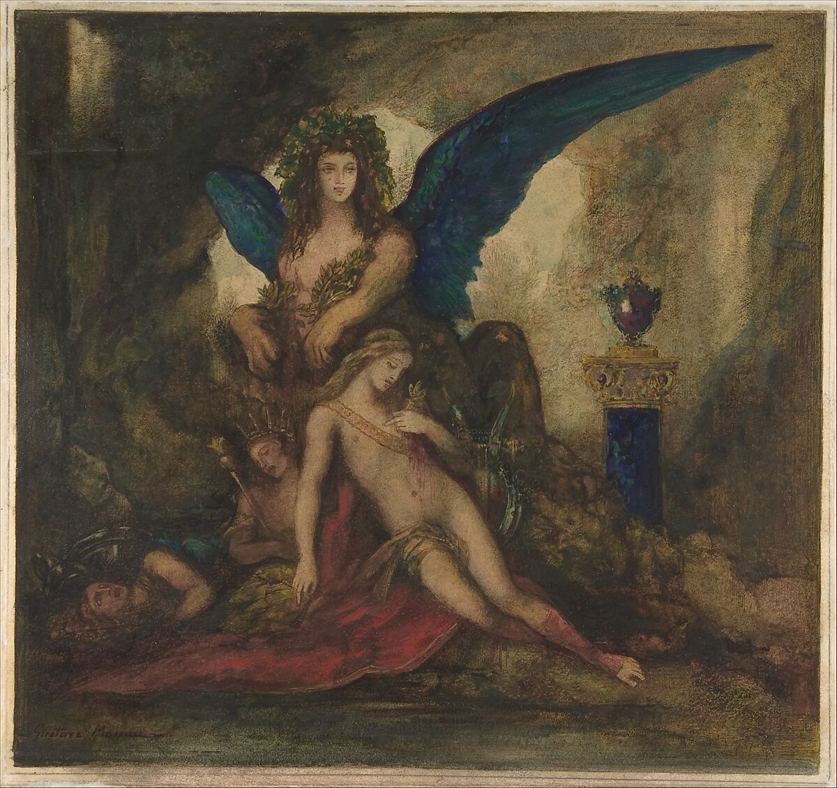 Sphinx in a Grotto (Poet, King and Warrior), Gustave Moreau (French, Paris 1826–1898 Paris), Watercolor and gouache on paper, varnished 