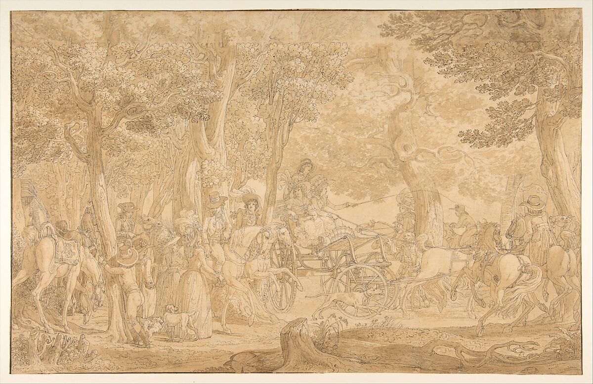 Outing in a Wood, Jean Michel Moreau le Jeune (French, Paris 1741–1814 Paris), Pen and black ink, brown wash, over black chalk, on beige paper. 
