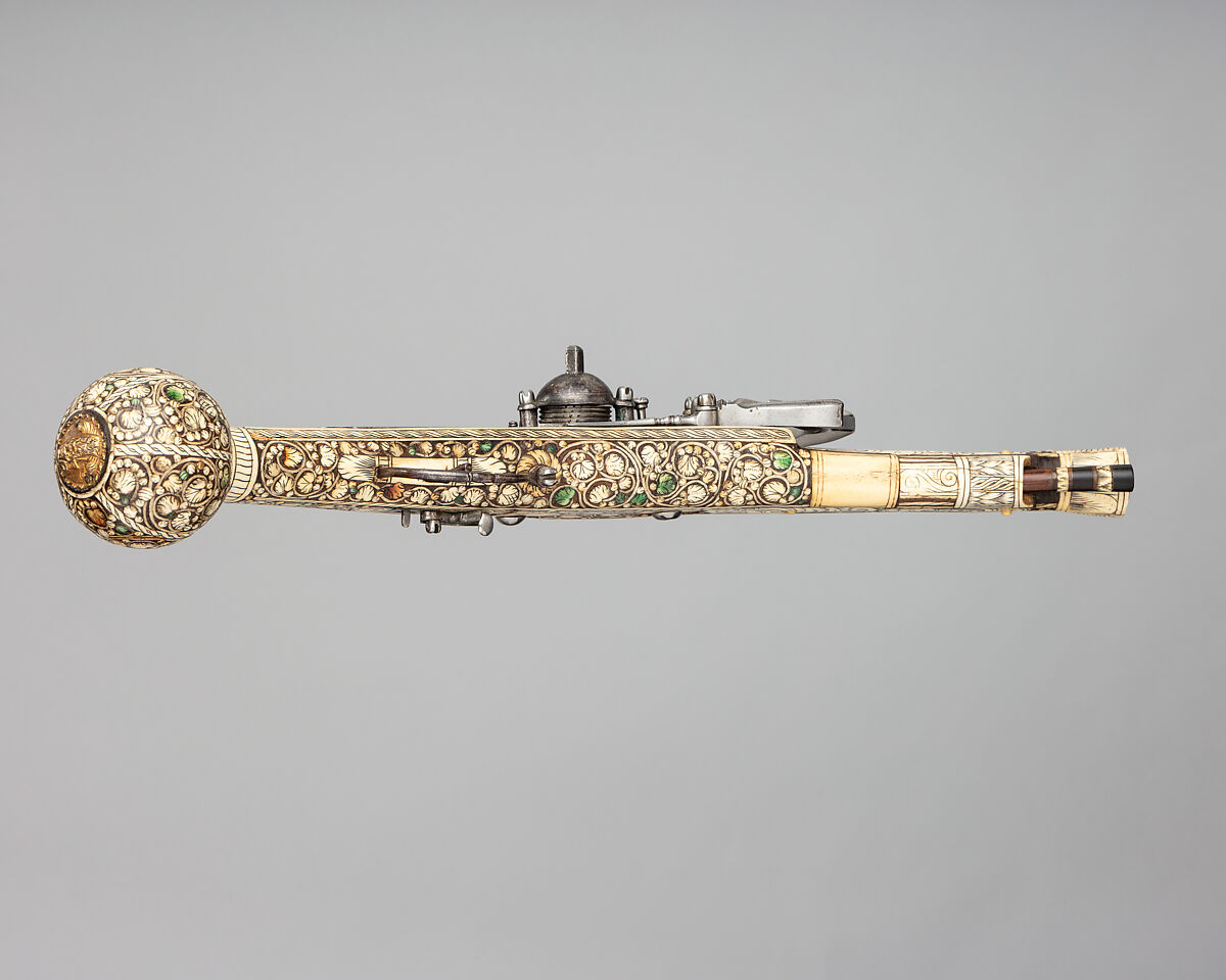 Wheellock Pistol, Steel, silver, gold, bronze, ivory, German
