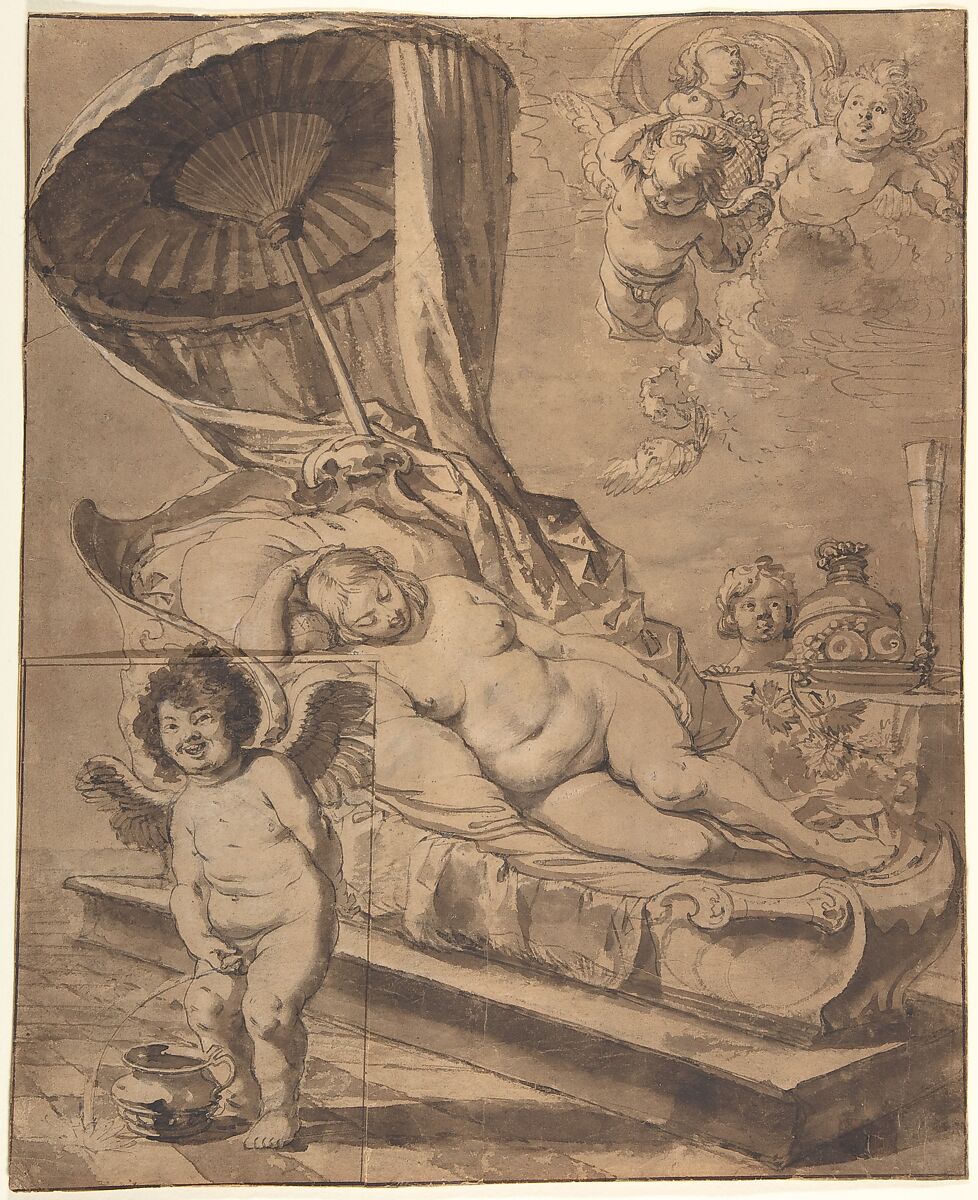 Venus and Cupid (r); Studies of a Woman (v.), Nikolaus Knüpfer (German, Leipzig 1603–1655/60 Utrecht), Pen and brown ink, brown wash and lead white heightening; framing lines in brown ink 