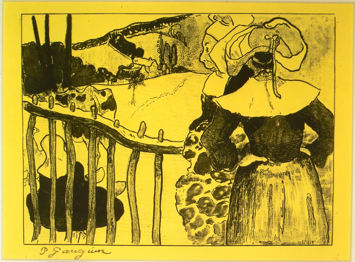 Bretonnes à la Barrière, from the "Volpini Suite: Dessins lithographiques", Paul Gauguin  French, Zincograph printed on yellow paper
