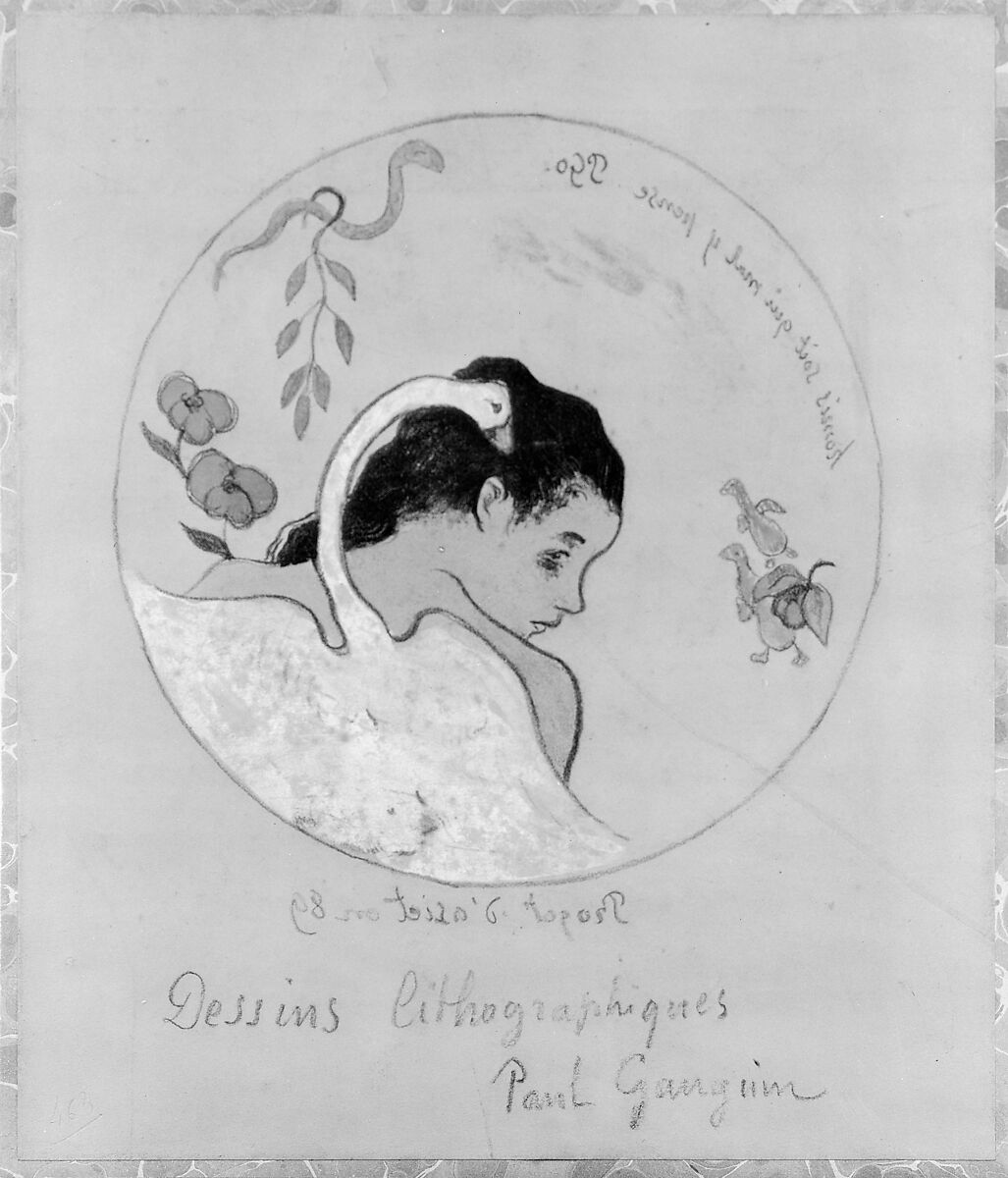 ("Leda") Design for a Plate: Shame on Those Who Evil Think (Honi Soit Qui Mal y Pense) ; cover illustration for the "Volpini Suite" entitled Lithographic Drawings (Dessins lithographiques), Paul Gauguin (French, Paris 1848–1903 Atuona, Hiva Oa, Marquesas Islands), Zincograph, colored by hand with watercolor and gouache on chrome yellow wove paper; mounted on marbled paper applied to millboard (cover of print portfolio, trimmed)