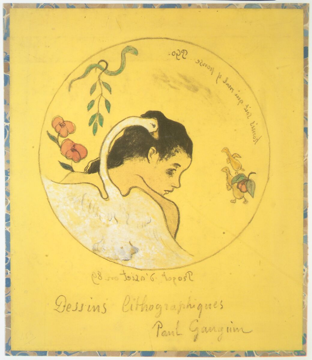 ("Leda") Design for a Plate: Shame on Those Who Evil Think (Honi Soit Qui Mal y Pense) ; cover illustration for the "Volpini Suite" entitled Lithographic Drawings (Dessins lithographiques), Paul Gauguin (French, Paris 1848–1903 Atuona, Hiva Oa, Marquesas Islands), Zincograph, colored by hand with watercolor and gouache on chrome yellow wove paper; mounted on marbled paper applied to millboard (cover of print portfolio, trimmed)