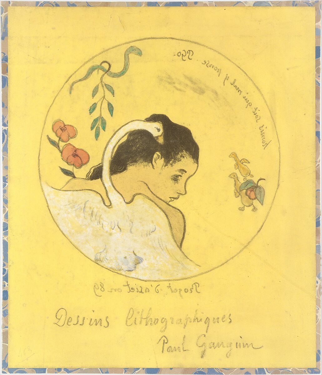 ("Leda") Design for a Plate: Shame on Those Who Evil Think (Honi Soit Qui Mal y Pense) ; cover illustration for the "Volpini Suite" entitled Lithographic Drawings (Dessins lithographiques), Paul Gauguin  French, Zincograph, colored by hand with watercolor and gouache on chrome yellow wove paper; mounted on marbled paper applied to millboard (cover of print portfolio, trimmed)