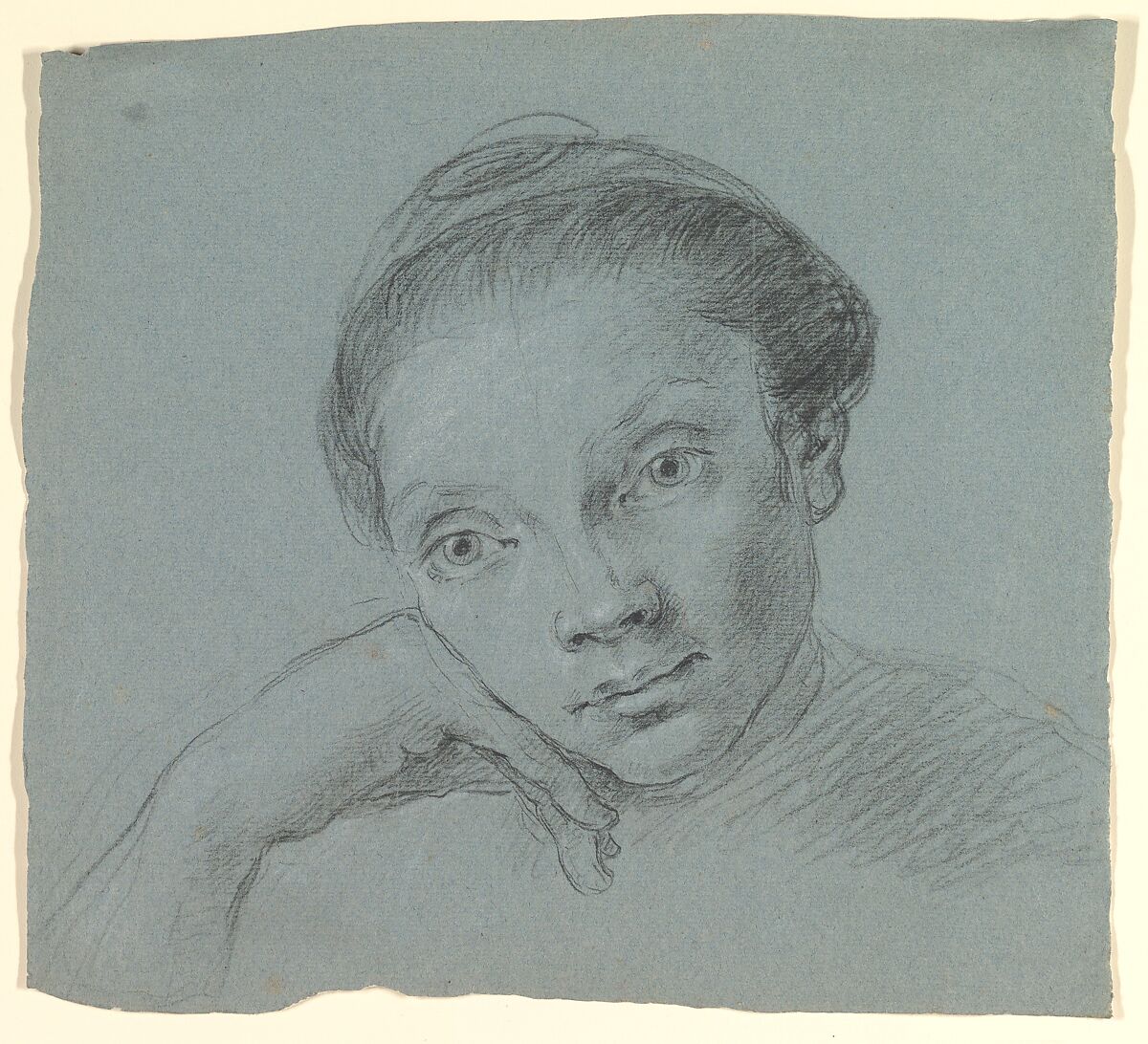 Study of a Woman in Bust-Length Three-Quarter View (recto); Summary Sketch of the Same (verso)., Anonymous, Italian, North Italy, 18th century, Black and white chalk on blue paper 