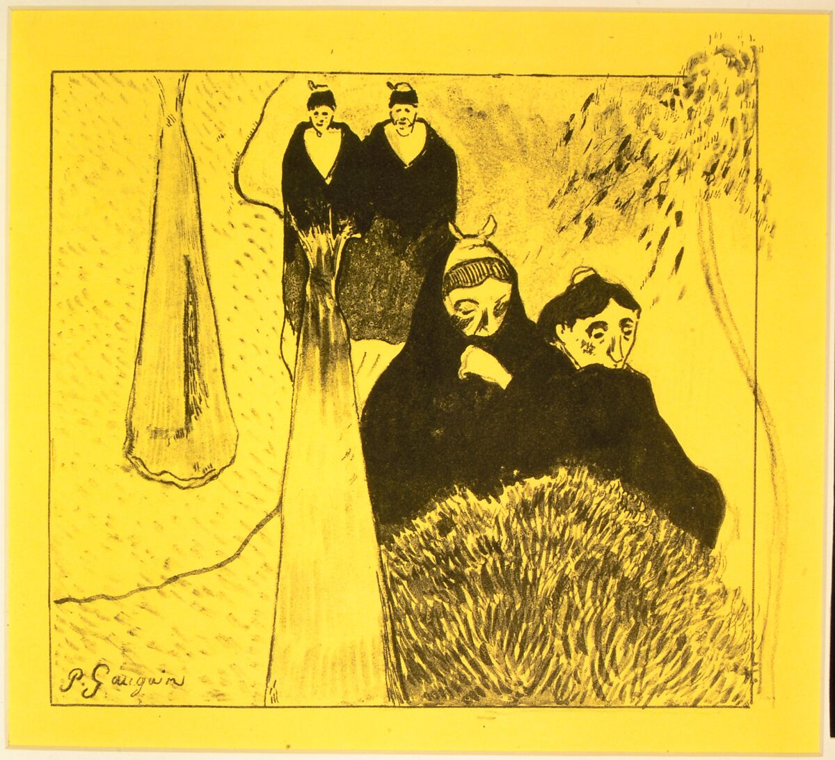 Old Women of Arles, from the "Volpini Suite: Dessins lithographiques", Paul Gauguin (French, Paris 1848–1903 Atuona, Hiva Oa, Marquesas Islands), Zincograph on chrome yellow wove paper; first edition