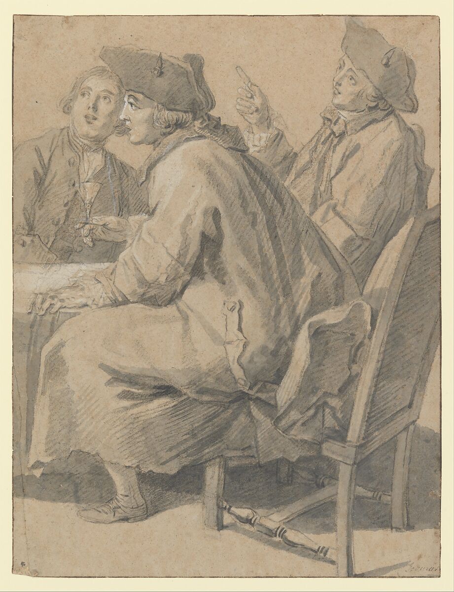 Three Men at a Table, Etienne Jeaurat (French, Vermenton 1699–1789 Versailles), Black chalk, brush and gray wash, heightened with white gouache;  framing lines in pen and brown ink 