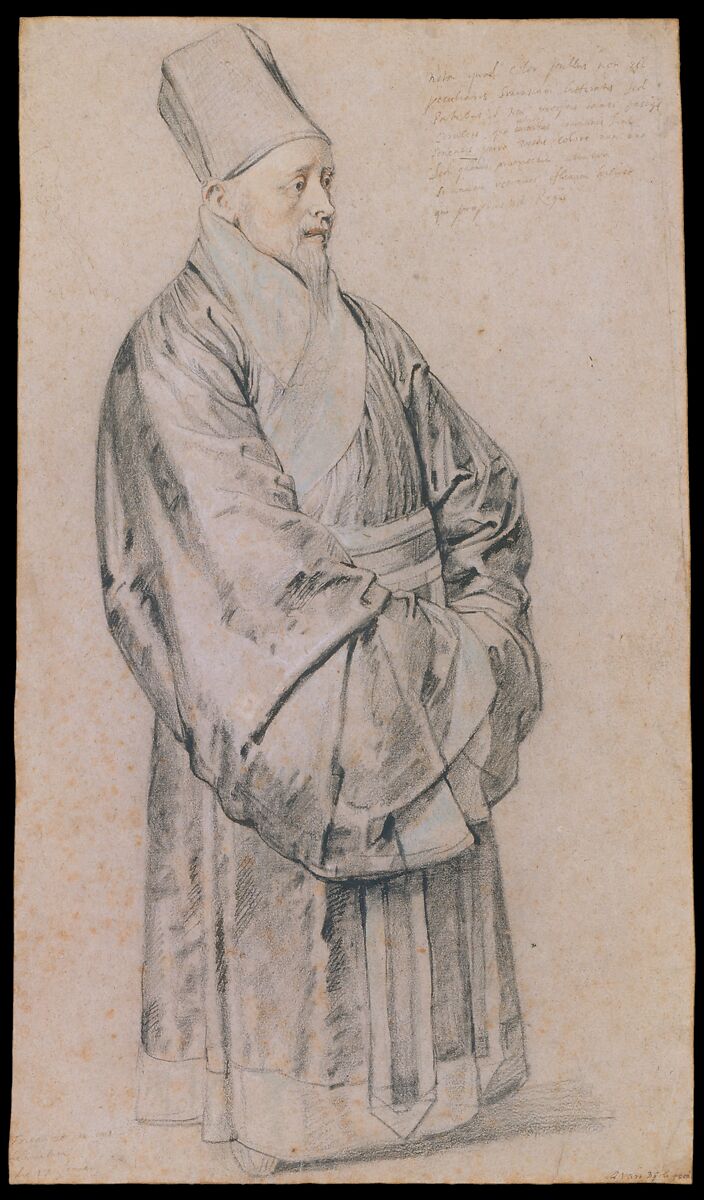 Portrait of Nicolas Trigault in Chinese Costume, Peter Paul Rubens (Flemish, Siegen 1577–1640 Antwerp), Black, red, and white chalk, blue pastel, and pen and brown and black ink on light brown laid paper