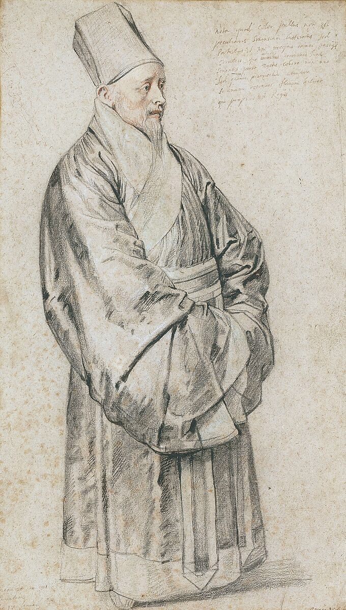 Portrait of Nicolas Trigault in Chinese Costume, Peter Paul Rubens (Flemish, Siegen 1577–1640 Antwerp), Black, red, and white chalk, blue pastel, and pen and brown and black ink on light brown laid paper