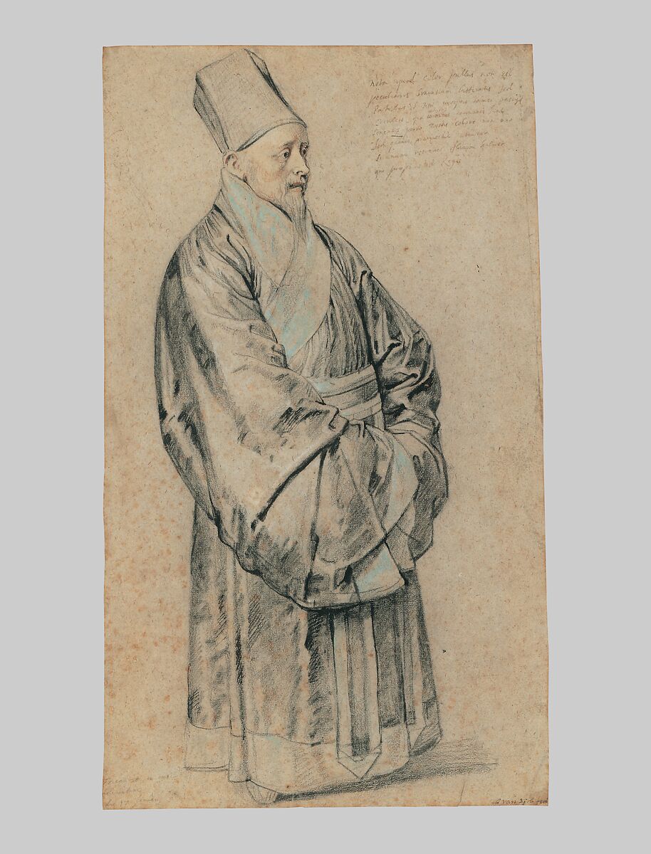 Portrait of Nicolas Trigault in Chinese Costume, Peter Paul Rubens (Flemish, Siegen 1577–1640 Antwerp), Black, red, and white chalk, blue pastel, and pen and brown and black ink on light brown laid paper