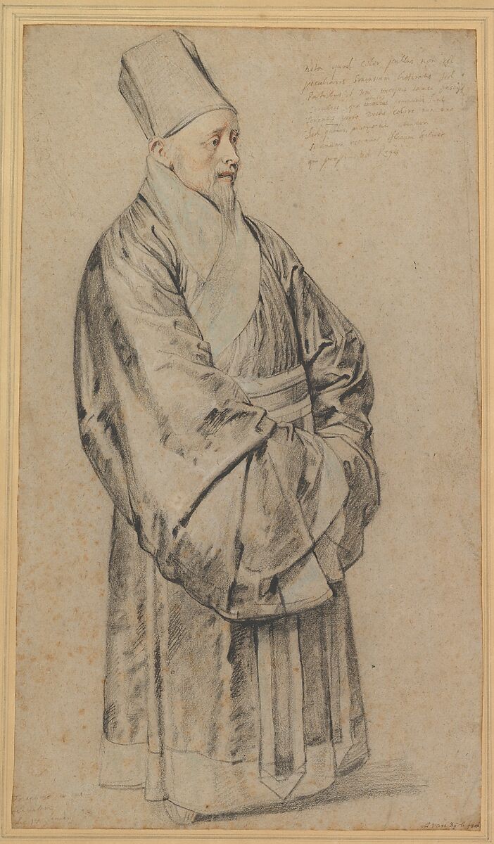 Portrait of Nicolas Trigault in Chinese Costume, Peter Paul Rubens (Flemish, Siegen 1577–1640 Antwerp), Black, red, and white chalk, blue pastel, and pen and brown and black ink on light brown laid paper 