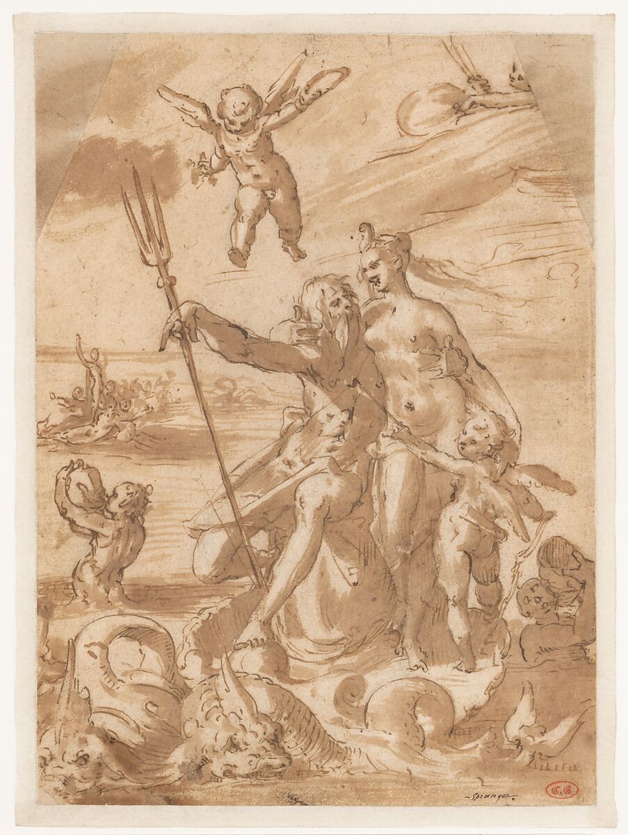 Neptune and Amphitrite, Bartholomeus Spranger (Netherlandish, Antwerp 1546–1611 Prague), Pen and brown ink, brown wash