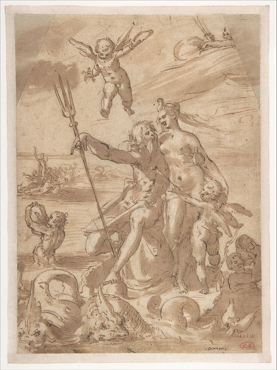 Neptune and Amphitrite, Bartholomeus Spranger (Netherlandish, Antwerp 1546–1611 Prague), Pen and brown ink, brown wash 