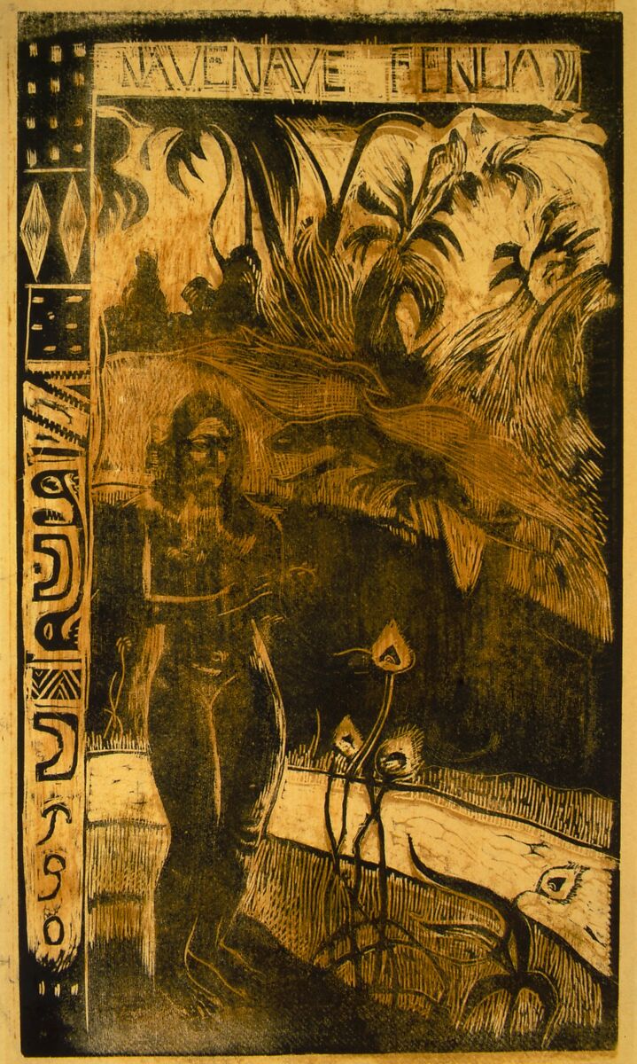 Delightful Land, Paul Gauguin (French, Paris 1848–1903 Atuona, Hiva Oa, Marquesas Islands), Woodcut printed in color on wove paper, lined in silk