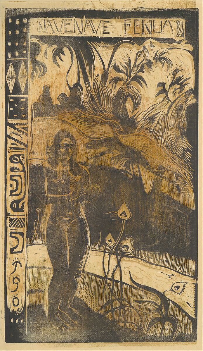 Delightful Land, Paul Gauguin (French, Paris 1848–1903 Atuona, Hiva Oa, Marquesas Islands), Woodcut printed in color on wove paper, lined in silk