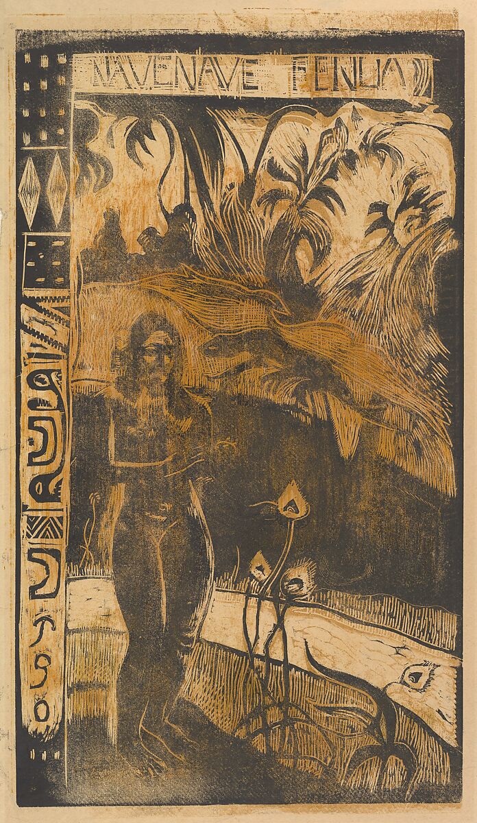 Delightful Land, Paul Gauguin (French, Paris 1848–1903 Atuona, Hiva Oa, Marquesas Islands), Woodcut printed in color on wove paper, lined in silk 