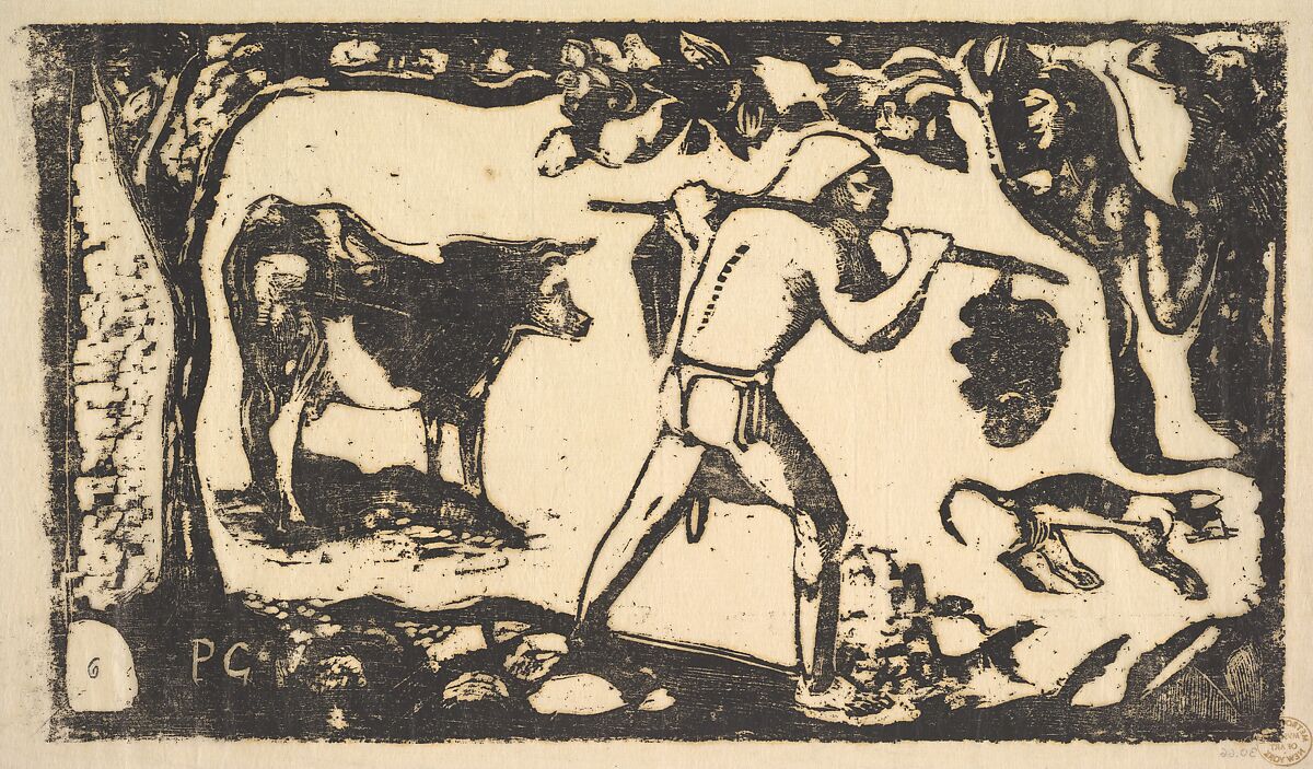 Tahitian Carrying Bananas, Paul Gauguin (French, Paris 1848–1903 Atuona, Hiva Oa, Marquesas Islands), woodcut on transparent wove tissue paper 