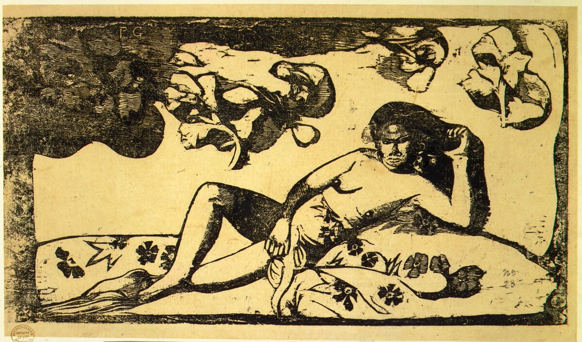 The Queen of Beauty -- Langorous, Paul Gauguin (French, Paris 1848–1903 Atuona, Hiva Oa, Marquesas Islands), Woodcut on transparent wove tissue paper laid down to bristol board