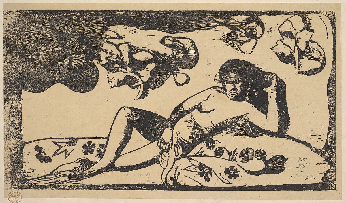 The Queen of Beauty -- Langorous, Paul Gauguin (French, Paris 1848–1903 Atuona, Hiva Oa, Marquesas Islands), woodcut on transparent wove tissue paper laid down to bristol board 