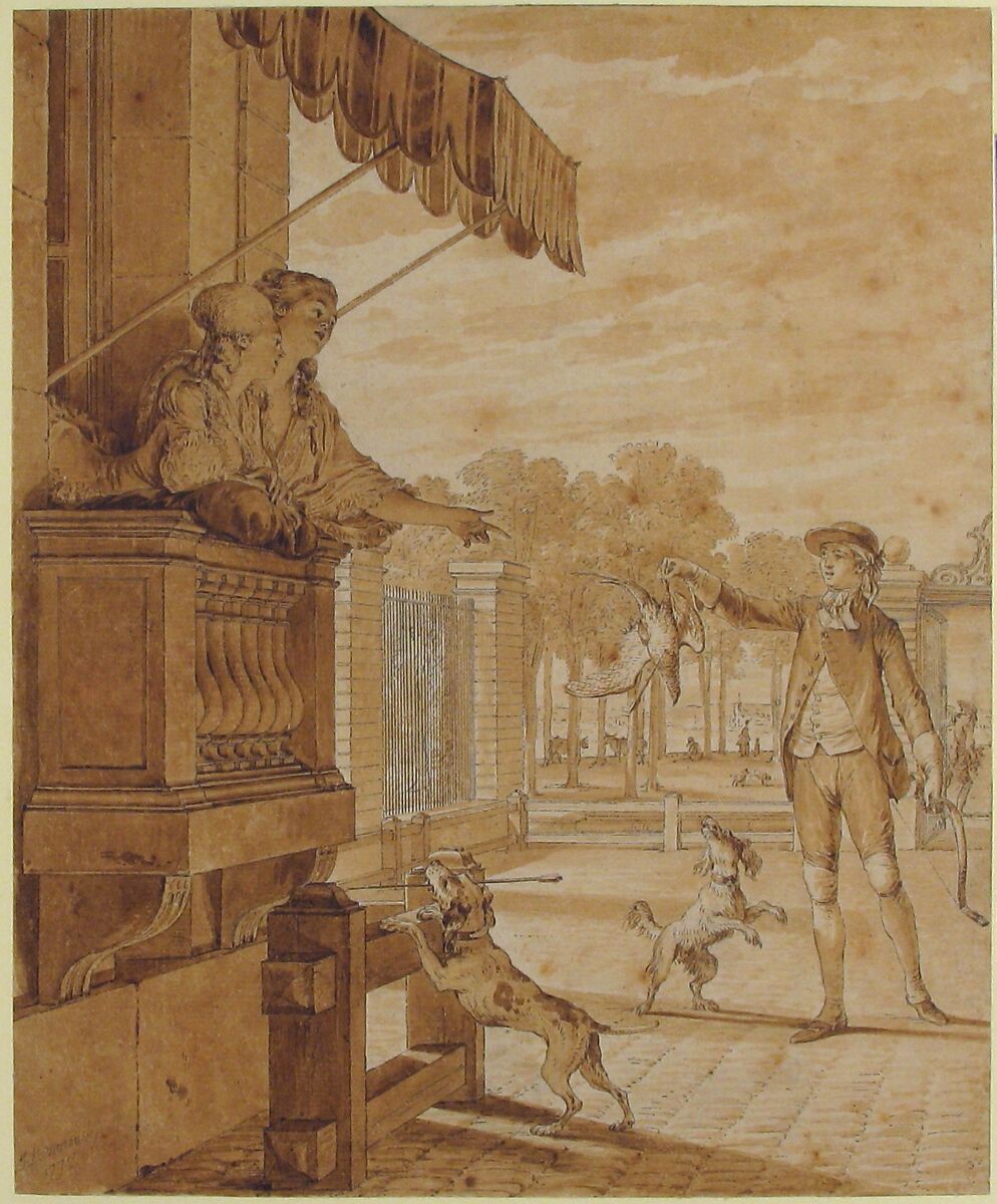 The Wager Won, Jean Michel Moreau le Jeune (French, Paris 1741–1814 Paris), Pen and brown ink, brown wash, over traces of graphite