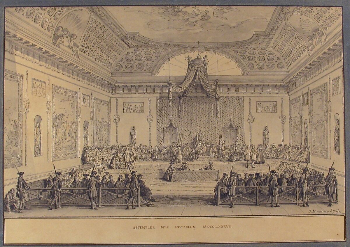 Assemblée des Notables, Versailles, 1787, Jean Michel Moreau le Jeune (French, Paris 1741–1814 Paris), Pen and black ink, gray wash, over traces of graphite. 