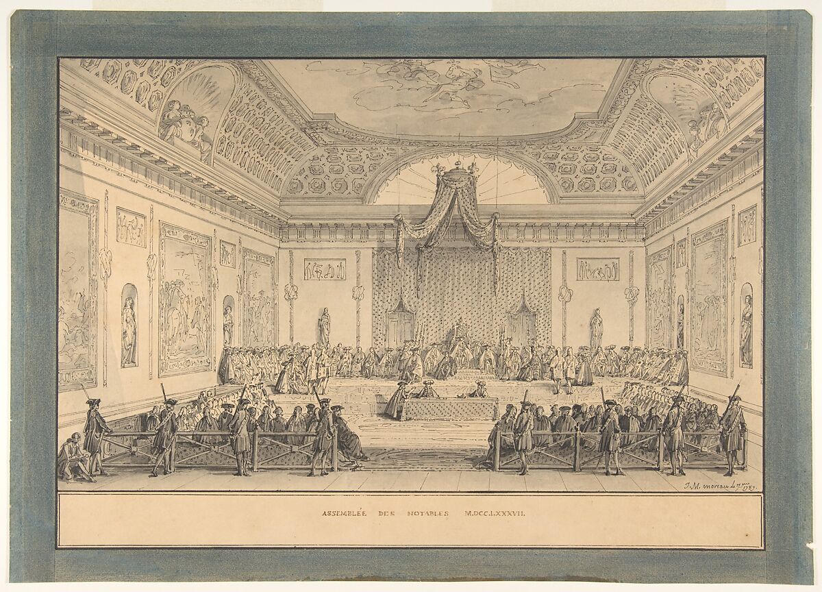 Assemblée des Notables, Versailles, 1787, Jean Michel Moreau le Jeune (French, Paris 1741–1814 Paris), Pen and black ink, gray wash, over traces of graphite.