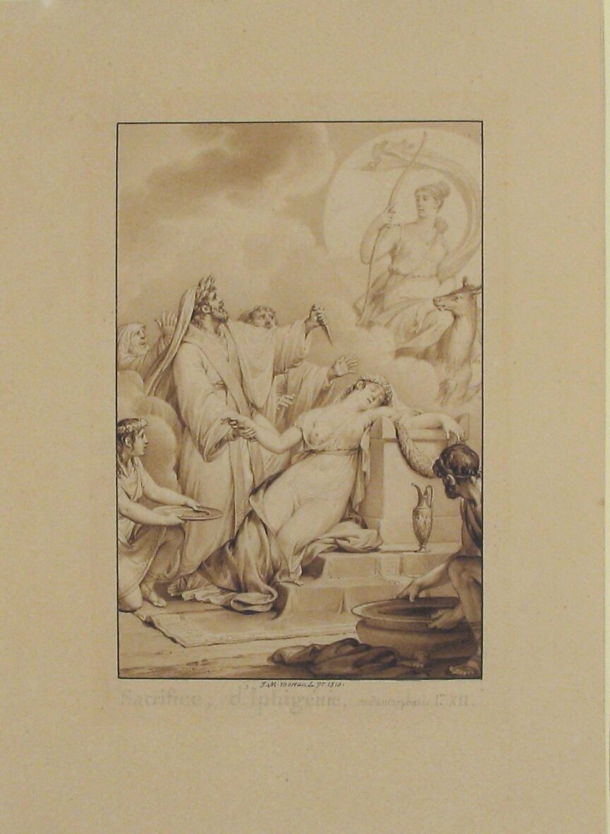 The Sacrifice of Iphigenia, Jean Michel Moreau le Jeune (French, Paris 1741–1814 Paris), Brush and brown ink with brown wash
