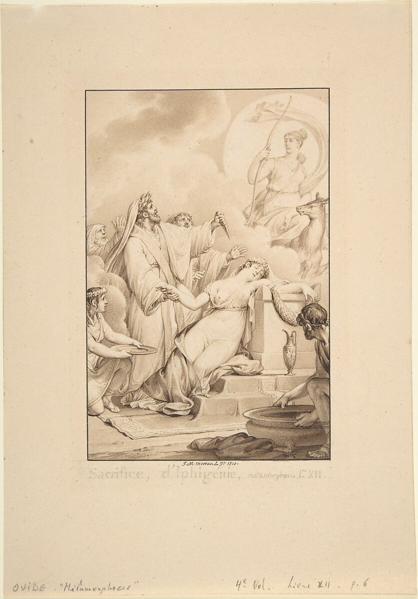 The Sacrifice of Iphigenia, Jean Michel Moreau le Jeune (French, Paris 1741–1814 Paris), Brush and brown ink with brown wash 