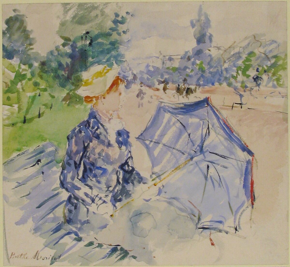 A Woman Seated at a Bench on the Avenue du Bois, Berthe Morisot (French, Bourges 1841–1895 Paris), Watercolor over traces of graphite