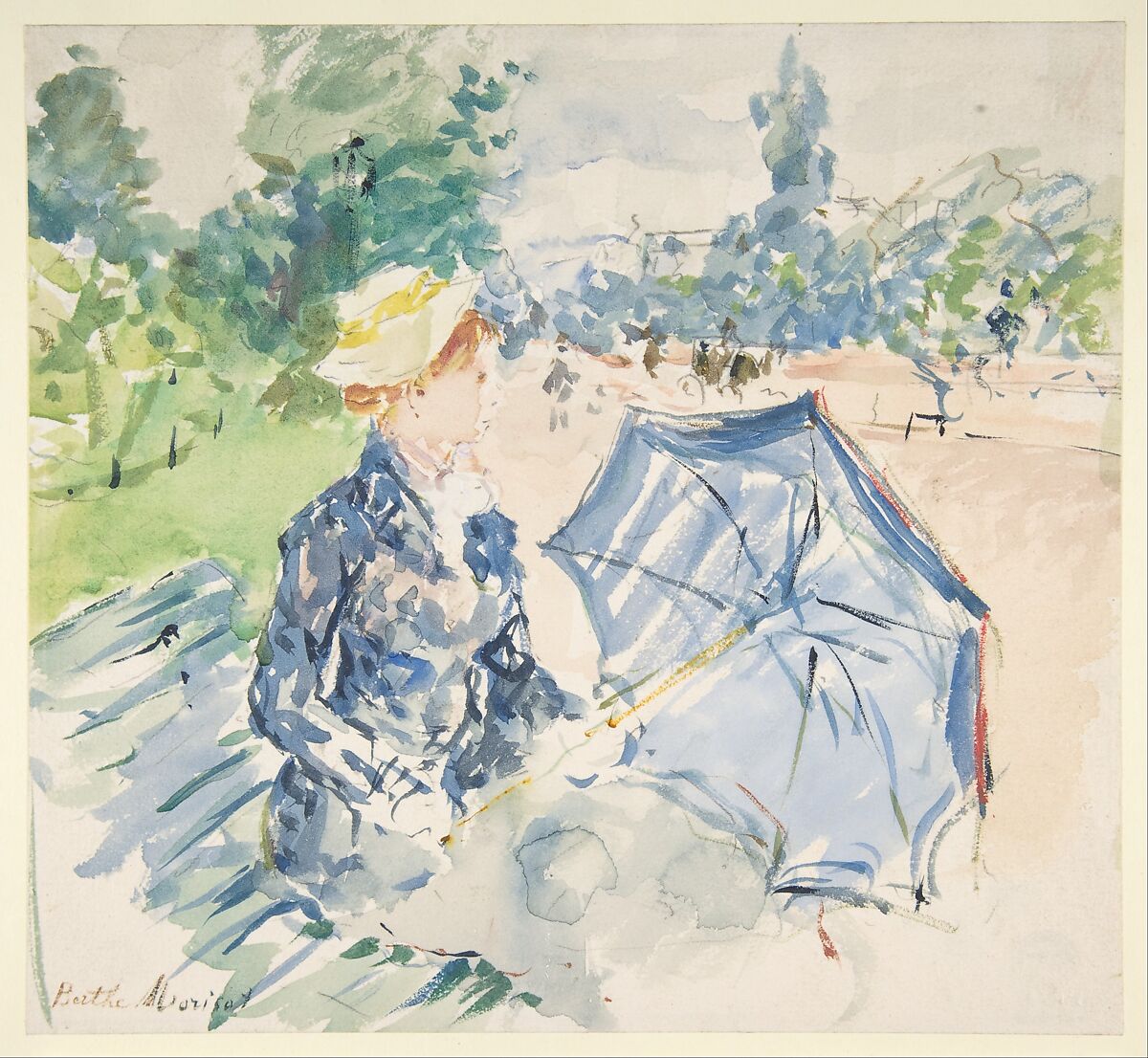 A Woman Seated at a Bench on the Avenue du Bois, Berthe Morisot (French, Bourges 1841–1895 Paris), Watercolor over traces of graphite 