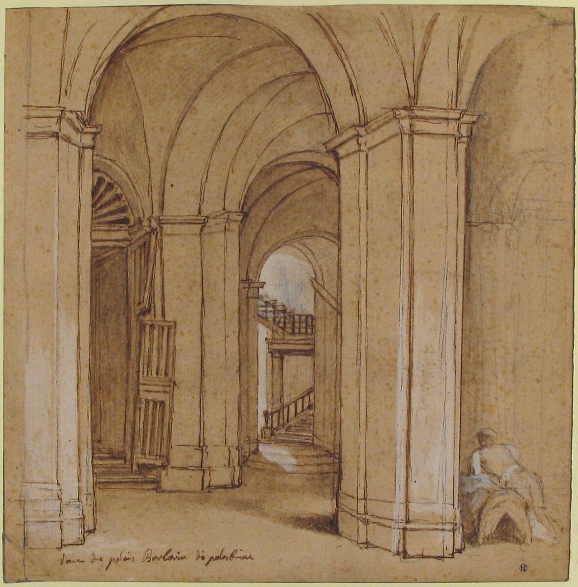 Staircase in the Palazzo Barberini, Palestrina, attributed to Charles Joseph Natoire (French, Nîmes 1700–1777 Castel Gandolfo), Pen and brown ink, brush and brown wash, over black chalk, heightened with white