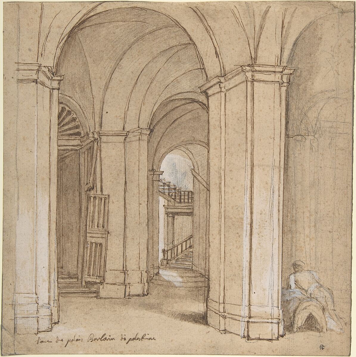 Staircase in the Palazzo Barberini, Palestrina, attributed to Charles Joseph Natoire (French, Nîmes 1700–1777 Castel Gandolfo), Pen and brown ink, brush and brown wash, over black chalk, heightened with white 