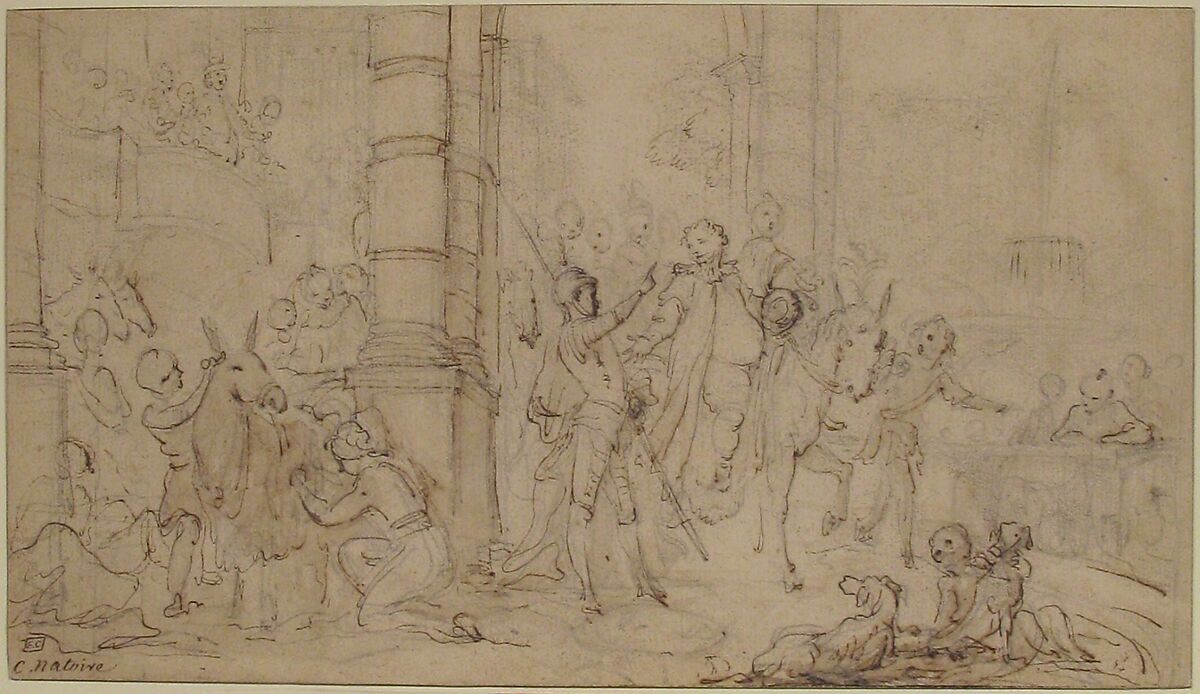 The Departure of Sancho Panza for the Island of Barataria, Charles Joseph Natoire (French, Nîmes 1700–1777 Castel Gandolfo), Pen and brown ink, brush and pale brown wash, over black chalk