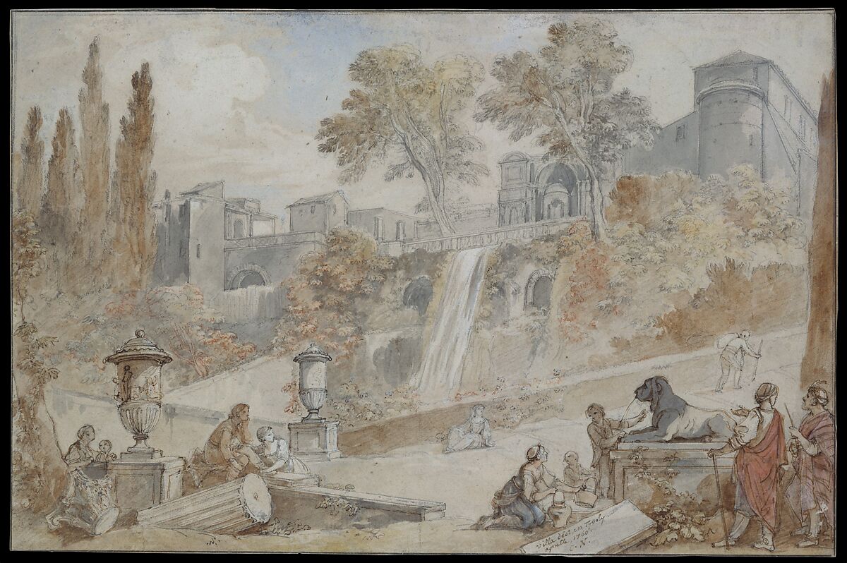 Gardens of the Villa d'Este at Tivoli, Charles Joseph Natoire (French, Nîmes 1700–1777 Castel Gandolfo), Pen and brown ink, brush and brown and gray wash, watercolor, heightened with white, over black and red chalk