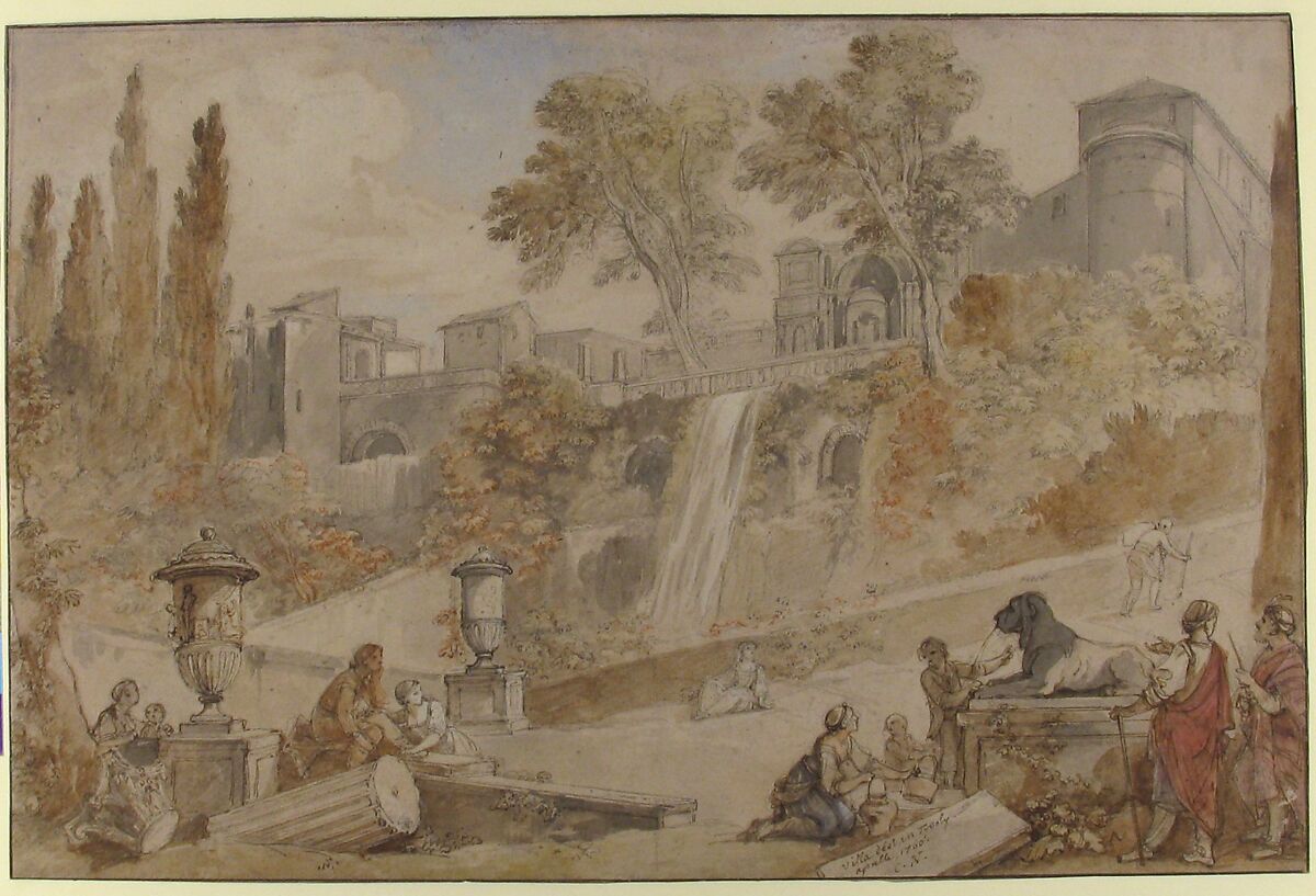 Gardens of the Villa d'Este at Tivoli, Charles Joseph Natoire (French, Nîmes 1700–1777 Castel Gandolfo), Pen and brown ink, brush and brown and gray wash, watercolor, heightened with white, over black and red chalk